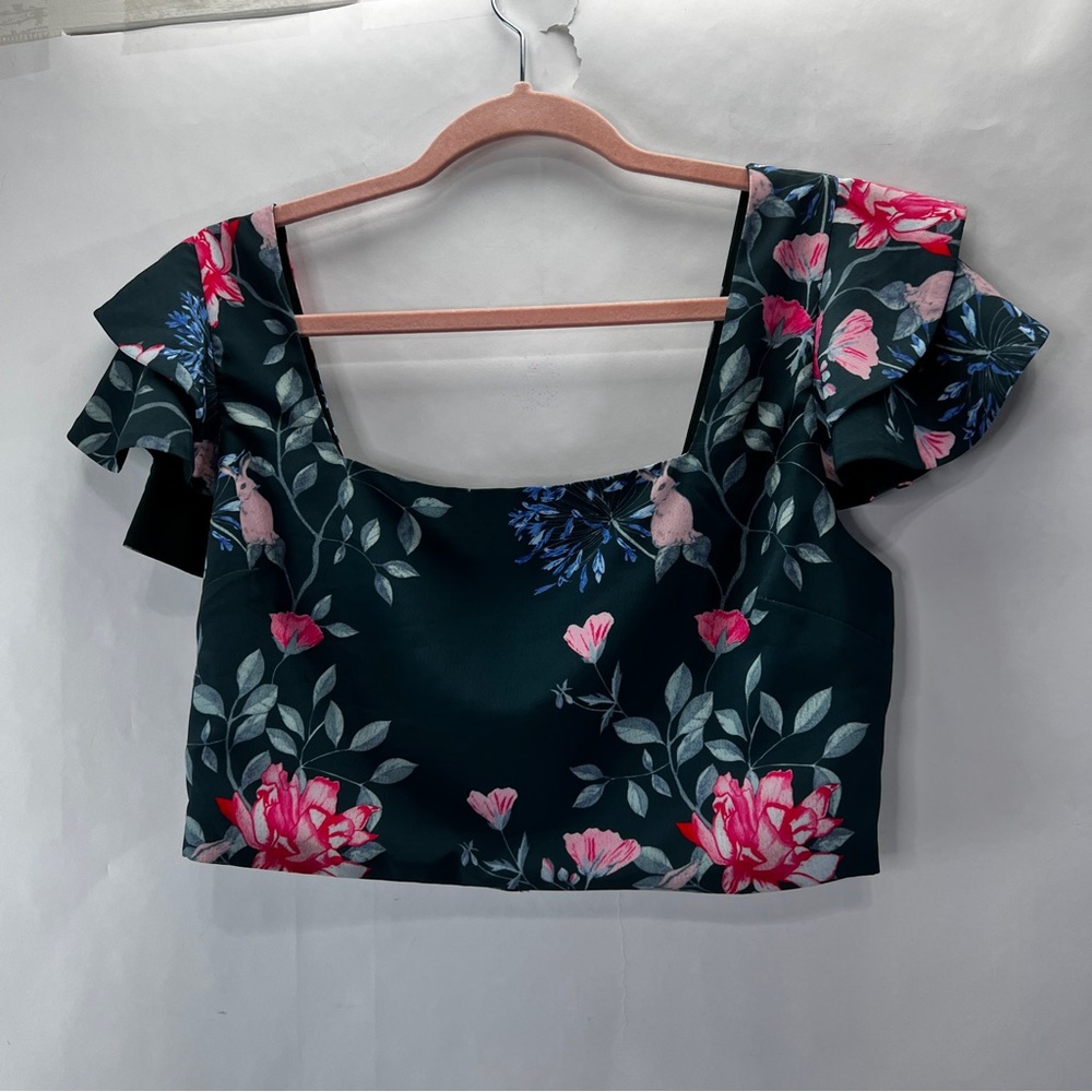 Endless Rose 2pc Set Wide Leg Pants Crop Top Ruffle Sleeve Floral Lined Green M